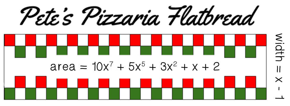 Area of pizza box is represented by 10x^7+5x^5+3x^2+x+2 square feet and width of pizza box is represented by x-1 feet.