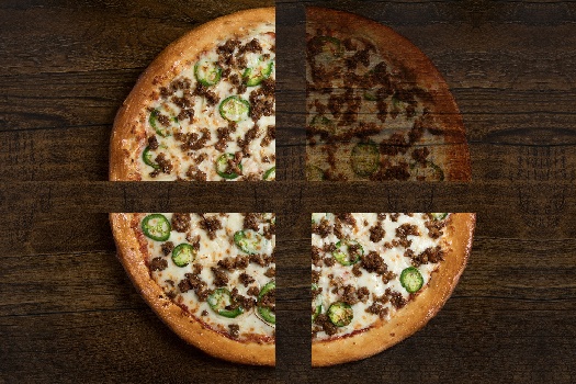 A pizza in 4 equal slices. 1 is missing.