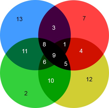 Blue: 13, 3, 1, 9, 6, 8, 11
Green: 2, 11, 8, 9, 5, 6, 10
Yellow: 4, 12, 10, 6, 5, 9, 8
Red: 3, 7, 4, 1, 8, 9, 5