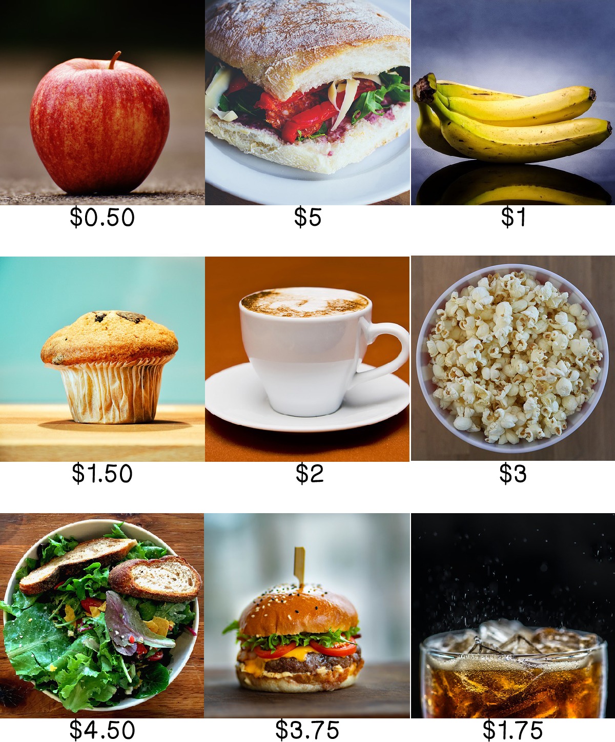 Foods with prices: Apple $0.50, Sandwich $5, Banana $1, Muffin $1.50, Coffee $2, Popcorn $3, Salad $4.50, Burger $3.75, and Soda $1.75