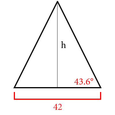 A triangle with a base of 42, a height of h, and a left angle of 43.6 degrees.