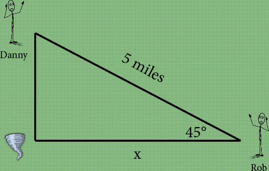 Right triangle with an angle of 45 degrees, an adjacent length of x, and a hypotenuse of 5 miles.