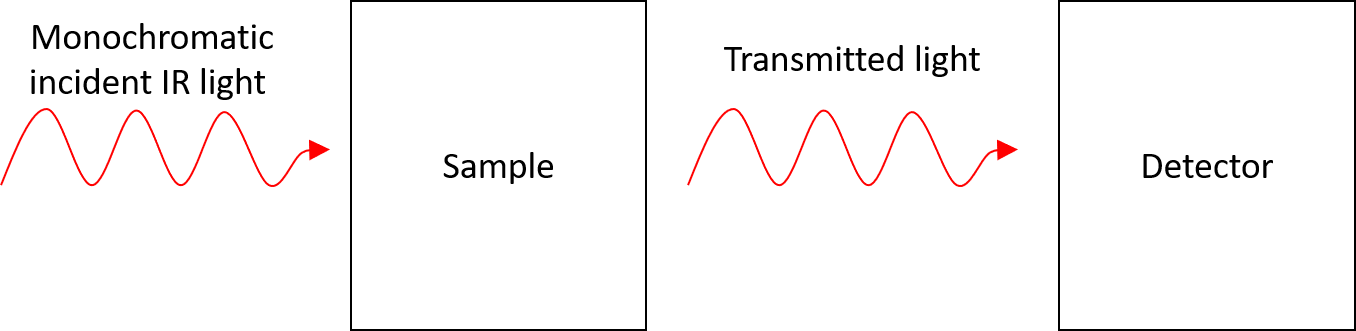 First monochromatic light enters the sample. Then some of that light is transmitted. The transmitted light is picked up by the detector.