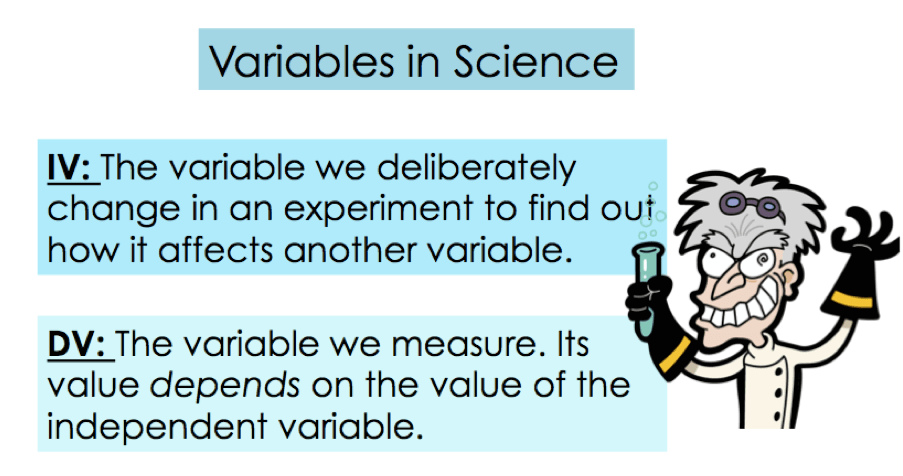 Variables in Science
IV: the variable we deliberately change in an experiment to find out how it affects another variable
DV: the variable we measure. Its value depends on the value of the independent variable
