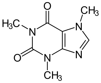 A caffeine molecule with C8H10N4O2.
