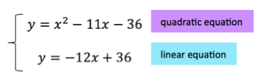 $y = x^2 - 11x - 36$ (quadratic) and $y = -12x + 36$ (linear).