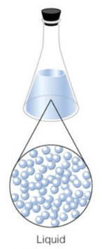 A liquid in a container. The liquid takes the shape of the container it is placed in.