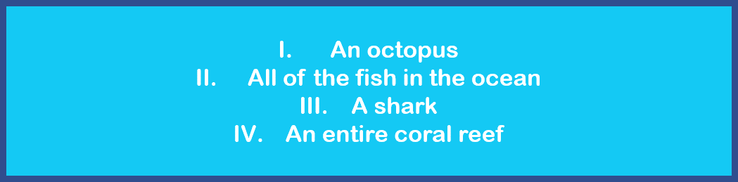 1: an organism. 2.:all of the fish in the ocean. 3: a shark. 4: an entire coral reef.