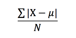 Mean absolute deviation formula. Sum of the absolute value of each datapoint minus the mean, all divided by the sample size. 