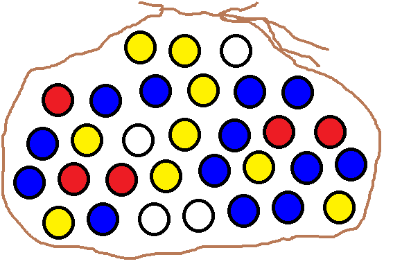 A bag filled with marbles: 9 yellow, 5 red, 4 white, 13 blue
