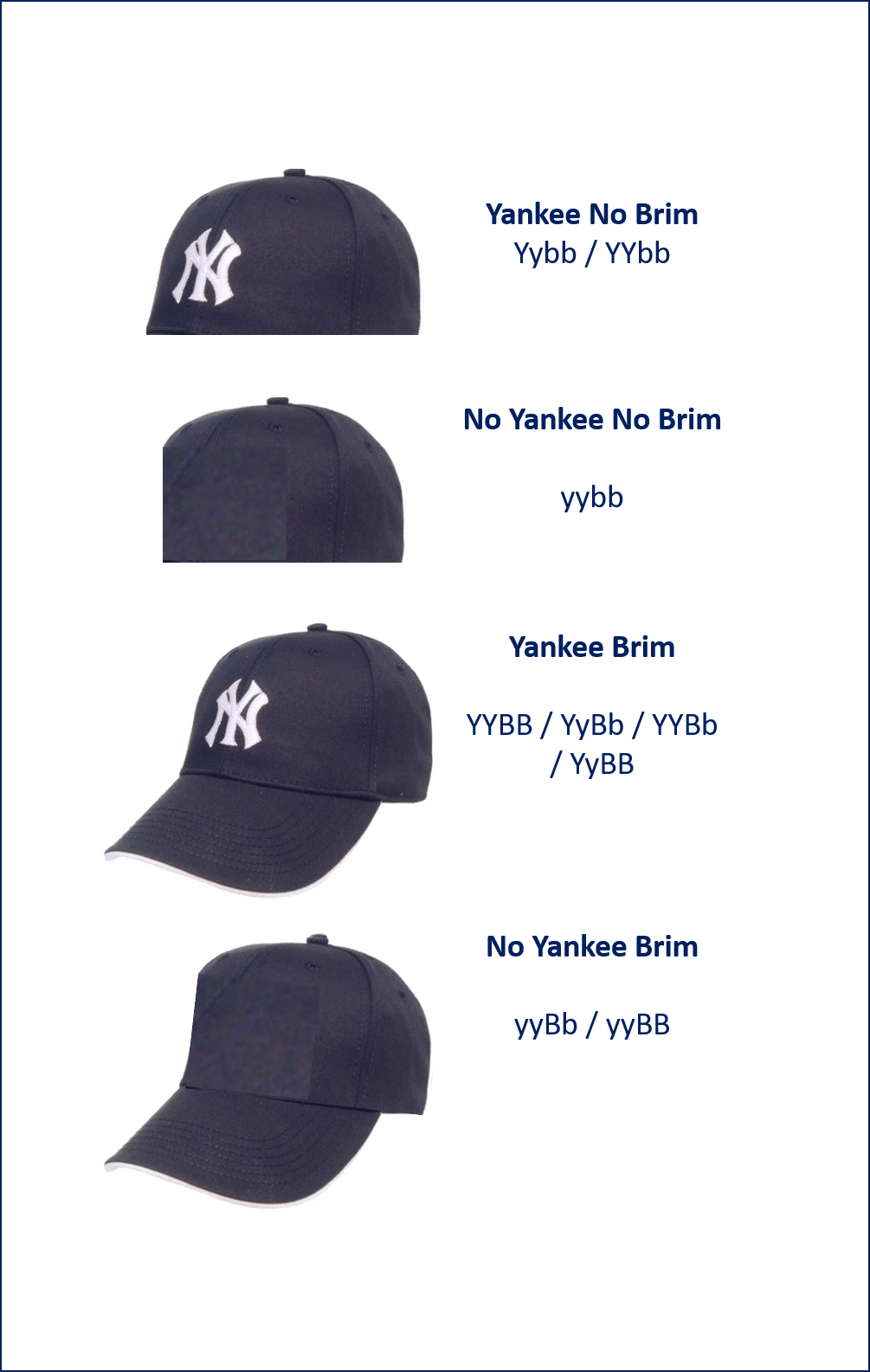 Yankee No Brim = Yybb or YYbb
No Yankee No Brim = yybb
Yankee Brim = YYBB or YyBb or YYBb or YyBB
No Yankee Brim = yyBb or yyBB