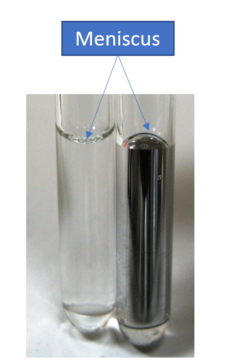 When put in a container, water form a meniscus. This means that the water around the edges is higher than the water in the middle. Mercury forms a meniscus in he opposite way, with the sides being lower than the middle.