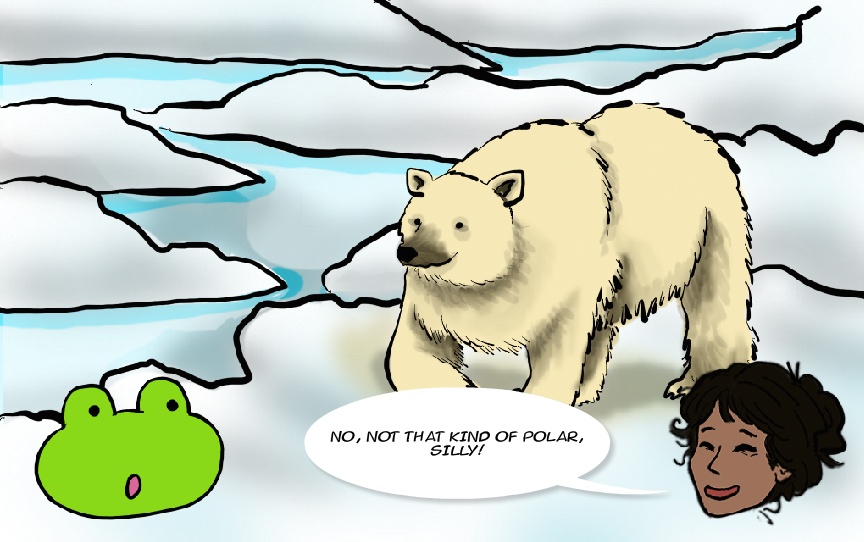 This is the next panel in a comic strip explaining the properties of water. The image shows the frog and now the narrator girl with a polar bear walking on ice in the arctic. The girl says, "No, not that kind of polar, silly!"