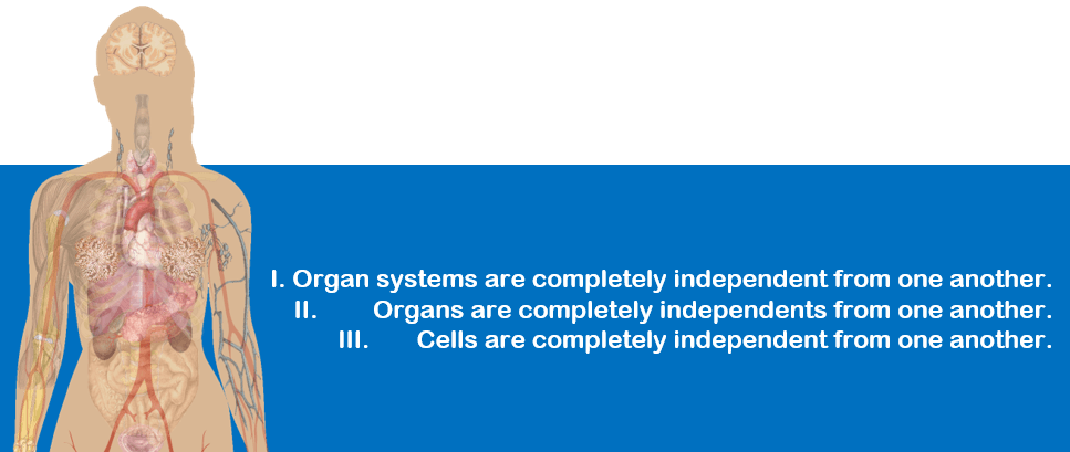 I. Organ systems are completely independent form one another.
II. Organs are completely independent from one another.
III. Cells are completely independent from one another.