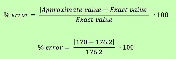 % error = |Approximate value - exact value|/exact value * 100

% error = |170 - 176.2|/176.2 * 100