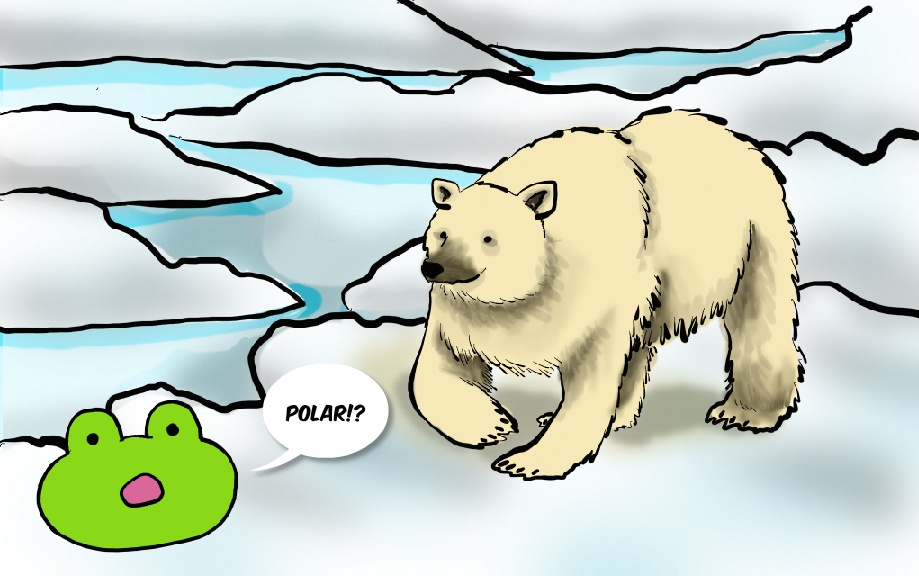 This is the next panel in a comic strip explaining the properties of water. The image shows a frog with a polar bear walking on ice in the arctic. The frog is saying, "Polar!?"