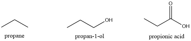 From left to right, a molecule of propane, propan-1-ol, and propionic acid