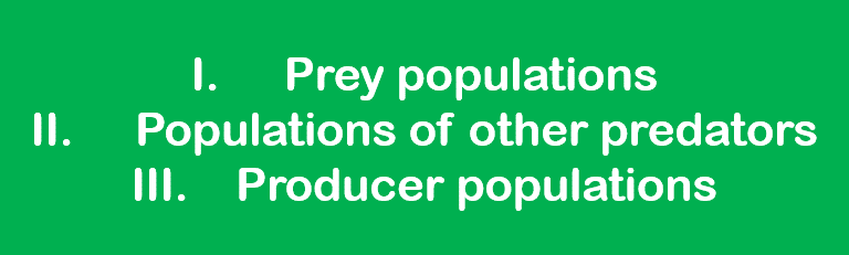 1: prey populations, 2: populations of other predators, 3: producer populations. 