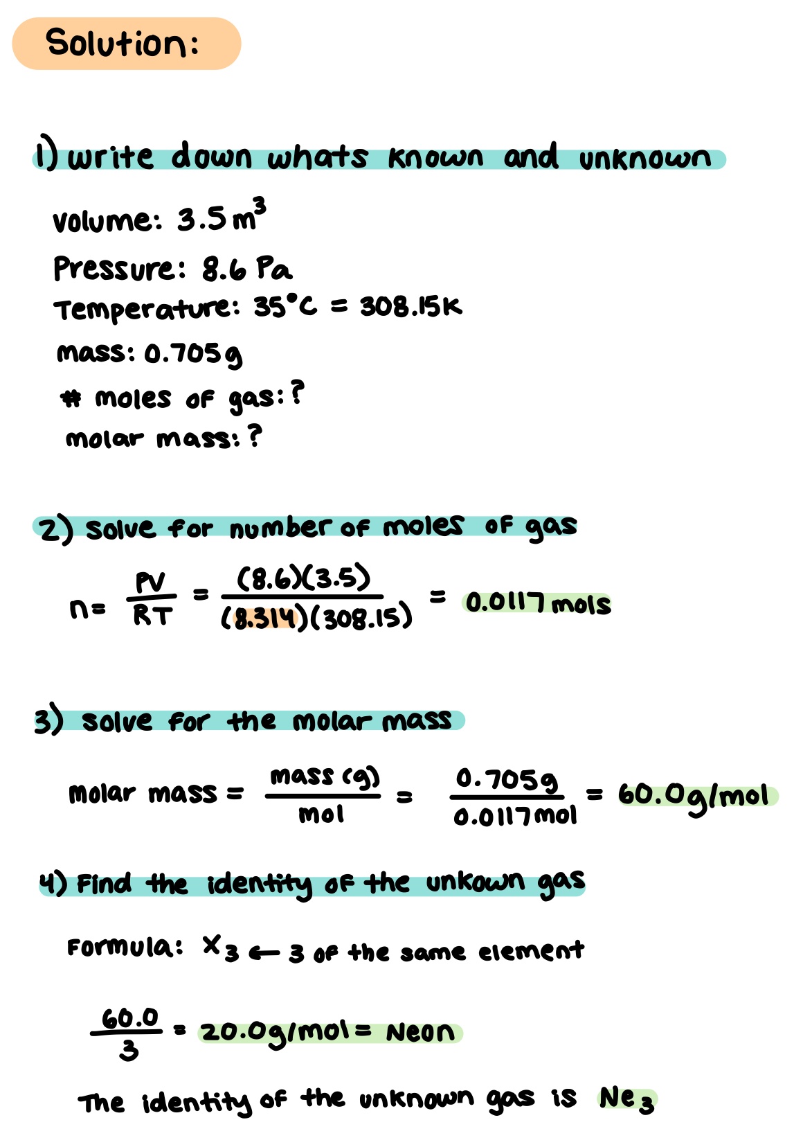 Image showing the written out solution to the practice problem above. Correct answer: 60.0g/mol with the identity being $Ne_{3}$