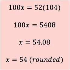 100x = 52(104)
100x = 5408
x = 54.08
x = 54 (rounded)