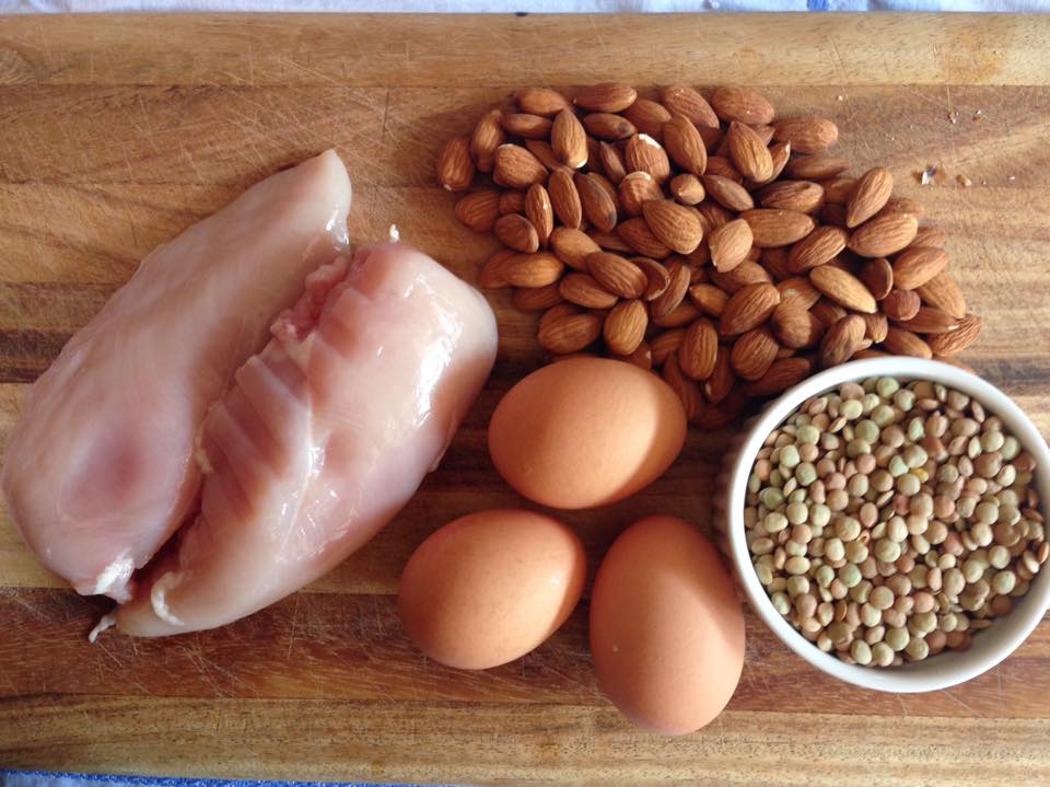 Proteins are found in foods like eggs, meats, and nuts.