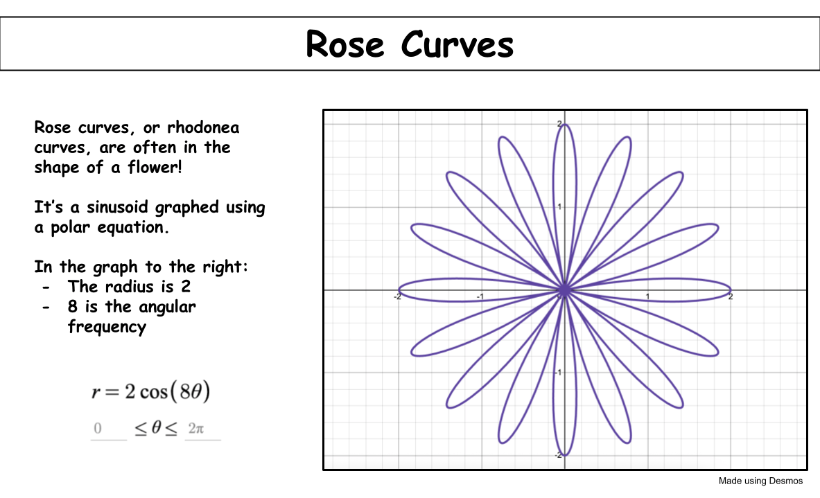 Rose curves, or rhodonea curves, are often in the shape of a flower!

It’s a sinusoid graphed using a polar equation.

In the graph to the right:
The radius is 2
8 is the angular frequency
