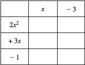Columns: x and -3

Rows: 2x^2, +3x, -1