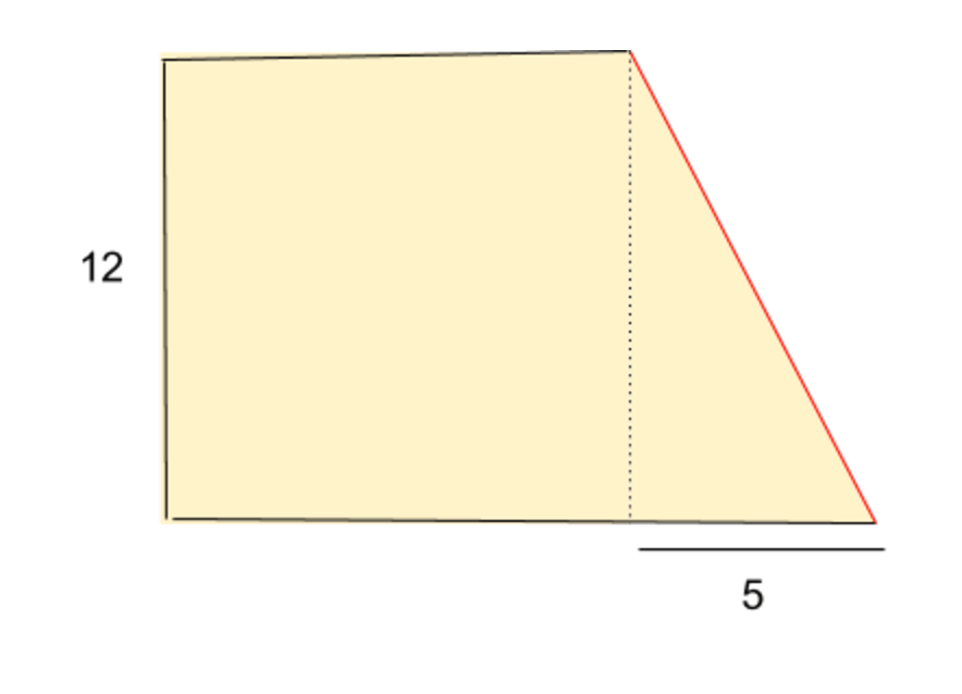 A square and a right triangle share a side.  The side length of the square of 12.  The other leg of the triangle is 5.  The hypotenuse of the triangle is marked red.