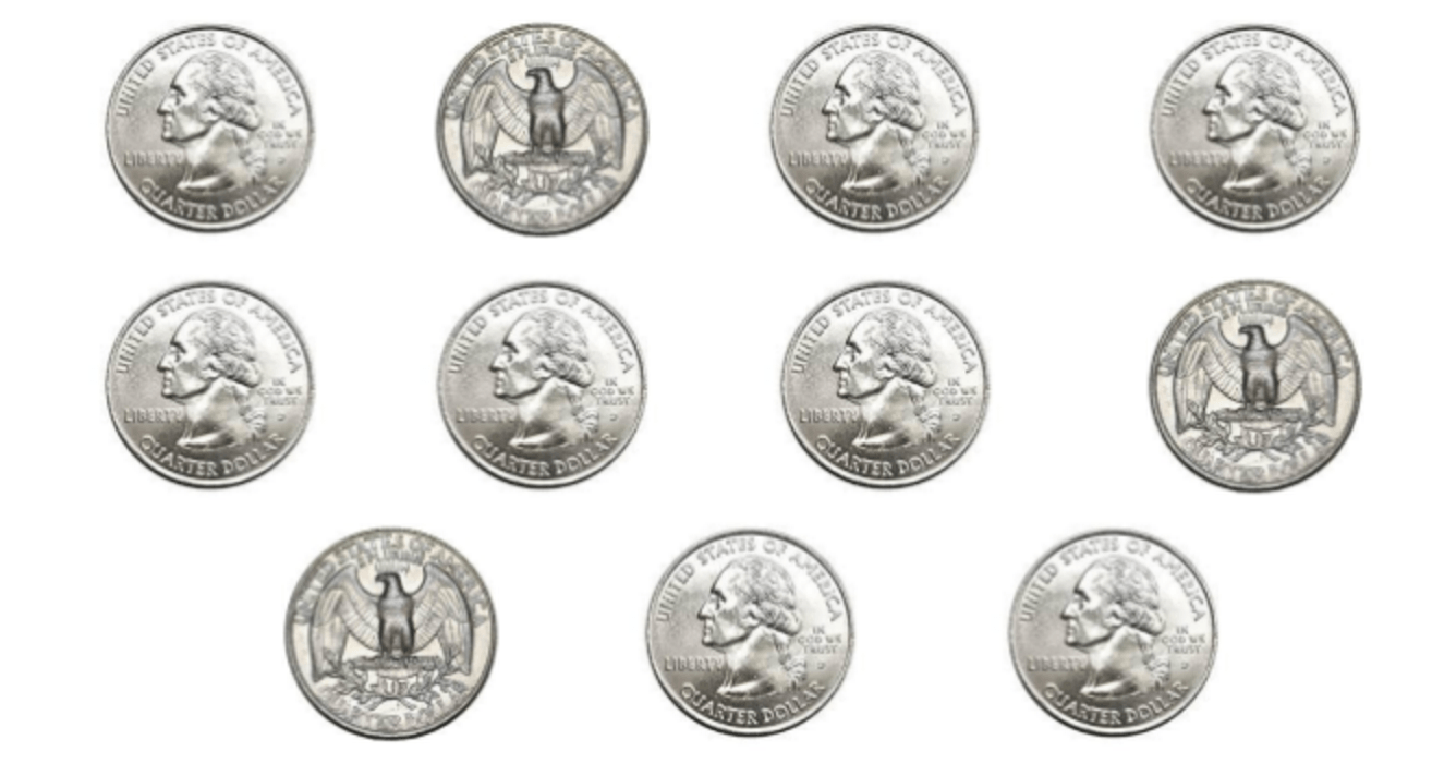 Coins with the following faces: heads, tails, heads, heads, heads, heads, heads, tails, tails, heads, heads