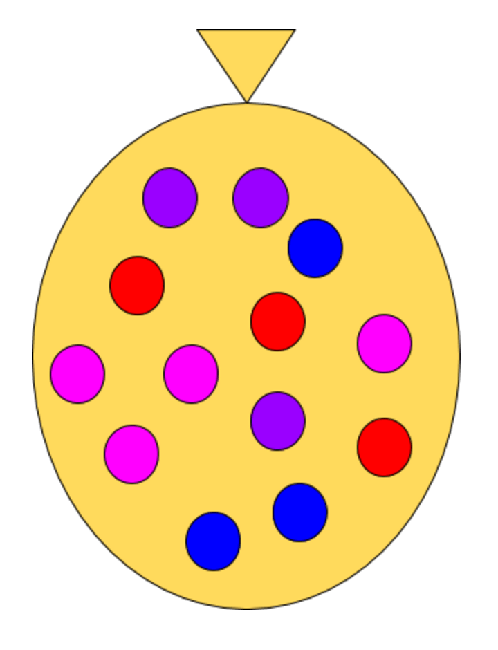 A bag with three purple marbles, three red marbles, three blue marbles, and four pink marbles.