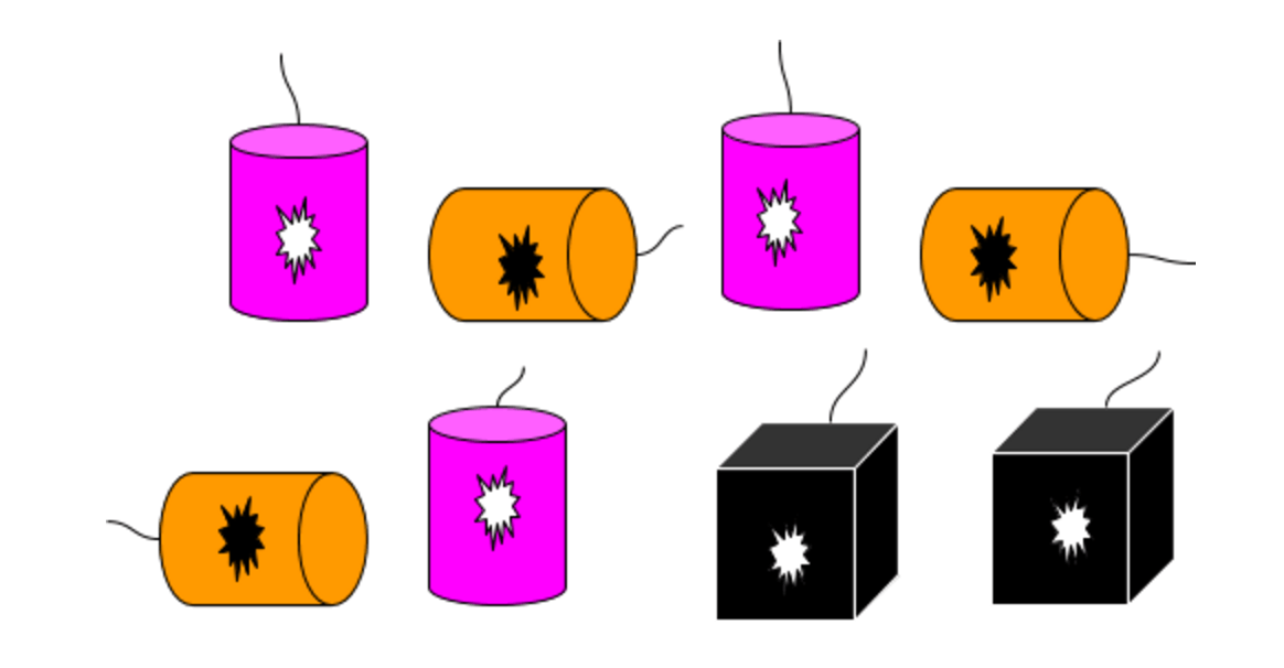 3 pink fireworks, 3 orange fireworks, 2 black fireworks.