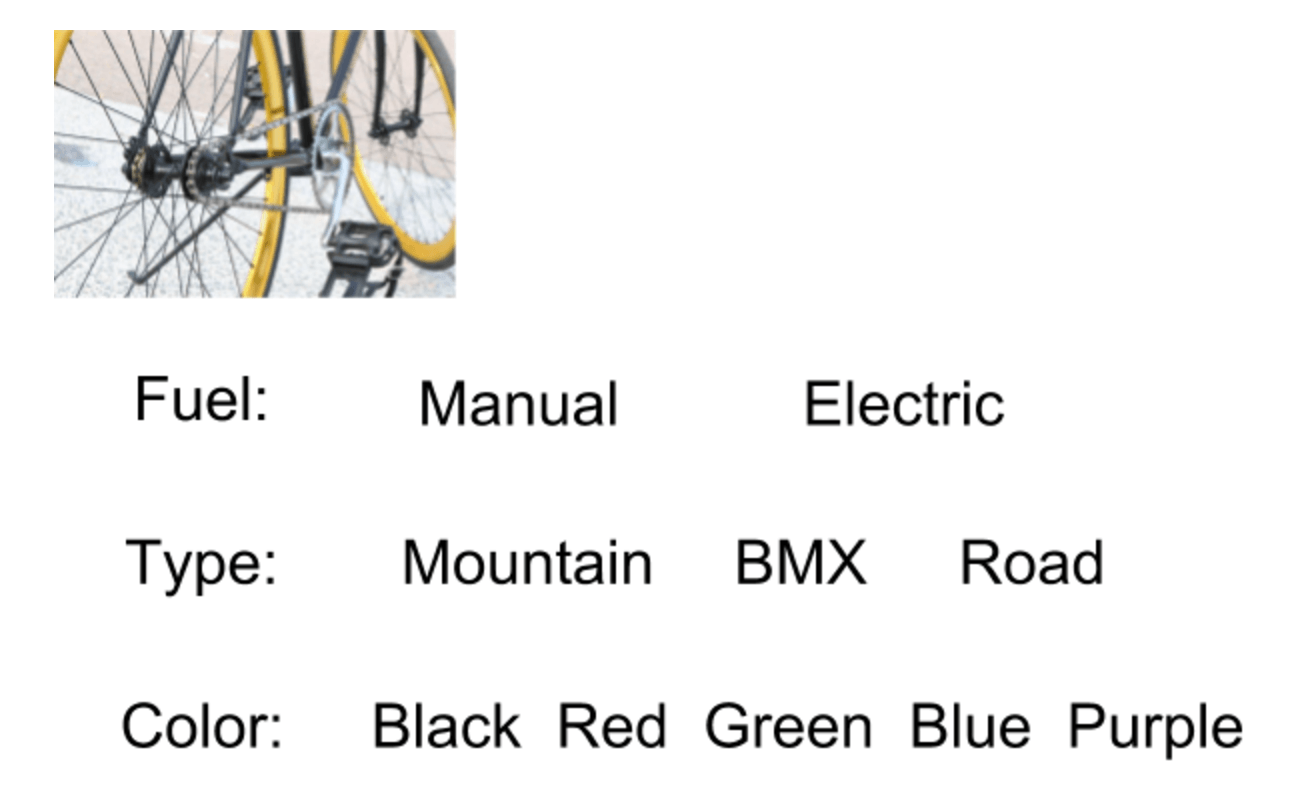 Fuel: manual or electric; type: mountain, BMX, road; color: black, red, green, blue or purple
