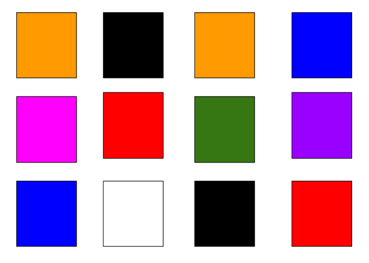 Two yellow squares, two black squares, two blue squares, two red squares, one pink square, one purple square, one white square, and one green square