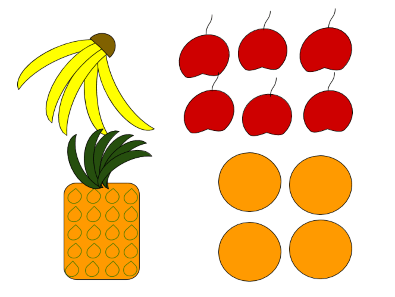 5 bananas, 6 apples, 1 pineapple, and 4 oranges