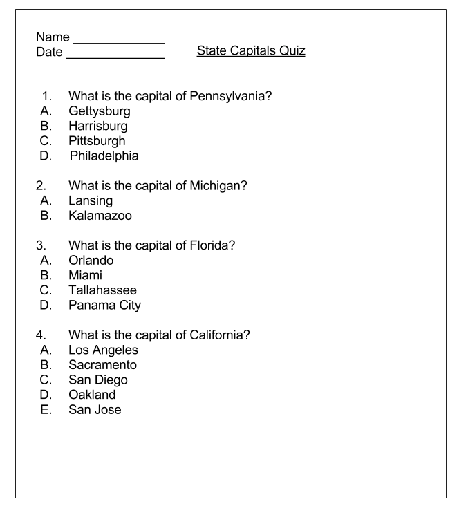 A State Capitals Quiz. There are 4 questions, with the following number of choices:
Q1, 4 choices
Q2, 2 choices
Q3, 4 choices
Q4, 5 choices