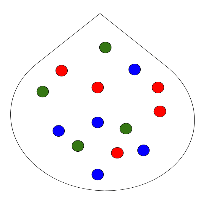 A bag of marbles, 5 are red, 5 are blue, and 4 are green