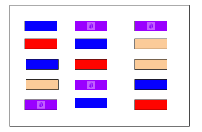 A box of 15 erasers: 5 are blue, 3 are red, 3 are tan, and 4 are purple and have the Expii logo on them.