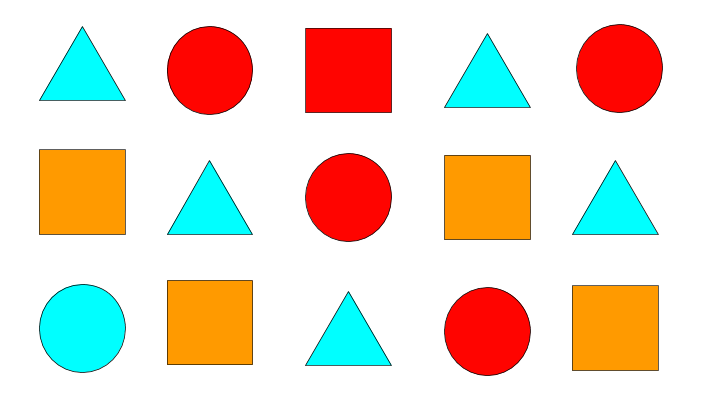 We have an array of shapes: 5 blue triangles, 1 blue circle, 4 orange squares, 1 red square, and 4 red circles
