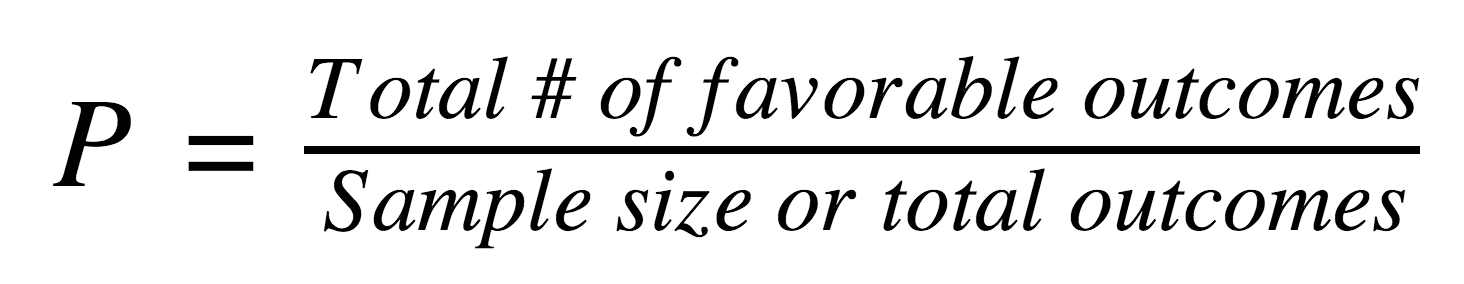 P = Total # of favorable outcomes/Sample size or total outcomes