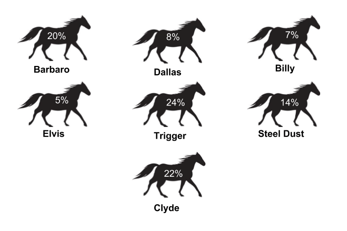 Barbaro: 20%, Dallas: 8%, Billy: 7%, Elvis: 5%, Trigger: 24%, Steel Dust: 14%, Clyde: 22%