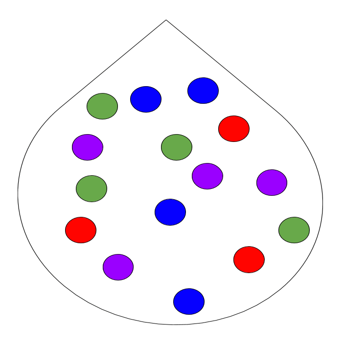 A bag of marbles: 4 blue, 4 green, 4 purple, 3 red