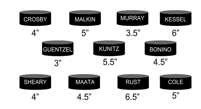 Crosby: 4"
Malkin: 5"
Murray: 3.5"
Kessel: 6"
Guentzel: 3"
Kunitz: 5.5"
Bonino: 4.5"
Sheary: 4"
Maata: 4.5"
Rust: 6.5"
Cole: 5"