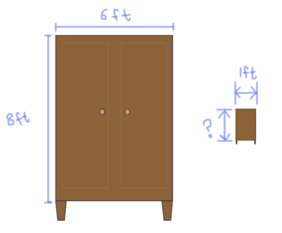 A wardrobe with a length of 6 ft and a height of 8 ft. A mini dresser with a length of 1 ft and a height of ? ft.