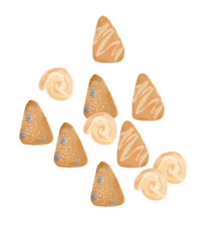 4 blueberry scones, 3 orange scones, and 4 cinnamon rolls.