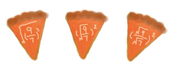 Pie slices.
Slice 1: Root (9/7 squared)
Slice 2: (Root 9/7) squared
Slice 3: (Root 9/root 7) squared