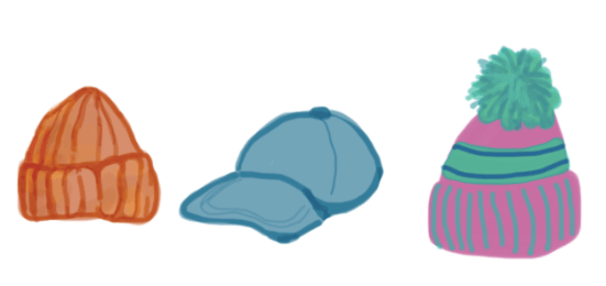 an orange hat, a blue hat, and a green and purple hat