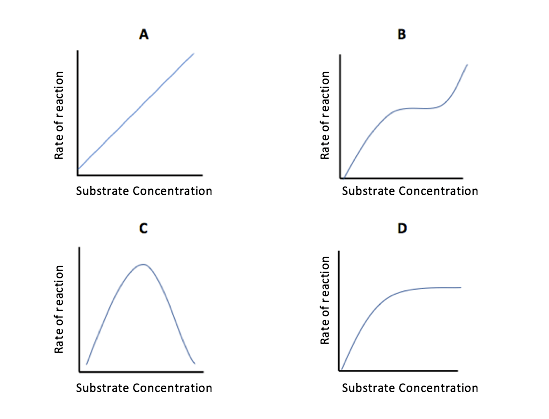 A shows a gradually increasing plot.  B shows a plot that increases, plateaus, and then increases again. C shows a lot that increases to a maximum and then falls back down to zero.  D shows a plot that increases to a maximum and then plateaus. 