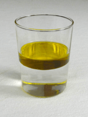 Oil and water do not mix. Oil sits on top of the water.