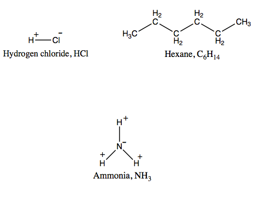 Hydrogen chloride, hexane, and ammonia. 