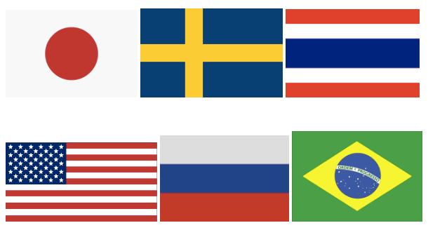 A Japanese flag (white red), a Swedish flag (blue yellow), a Thai flag (red white blue), a United States flag (red white blue), a Russian flag (white blue red), and a Brazillian flag (green, yellow, blue, white)